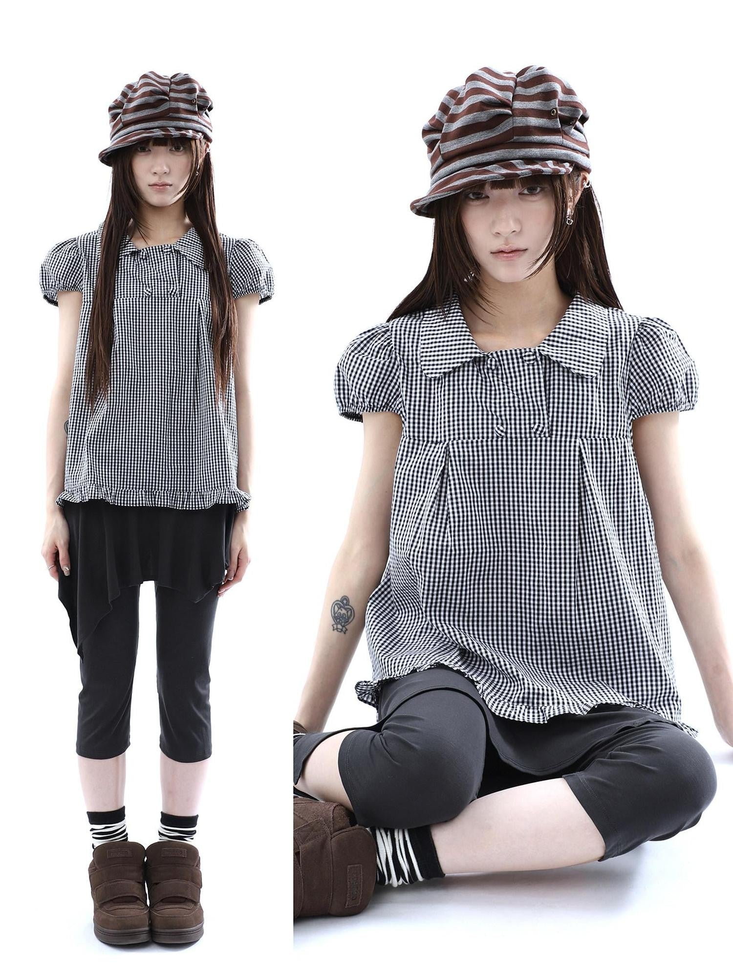 ang project Black White Plaid Lace Trim Double Row Button Doll Collar Women&