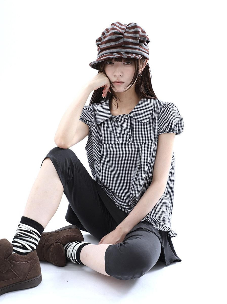 ang project Black White Plaid Lace Trim Double Row Button Doll Collar Women&
