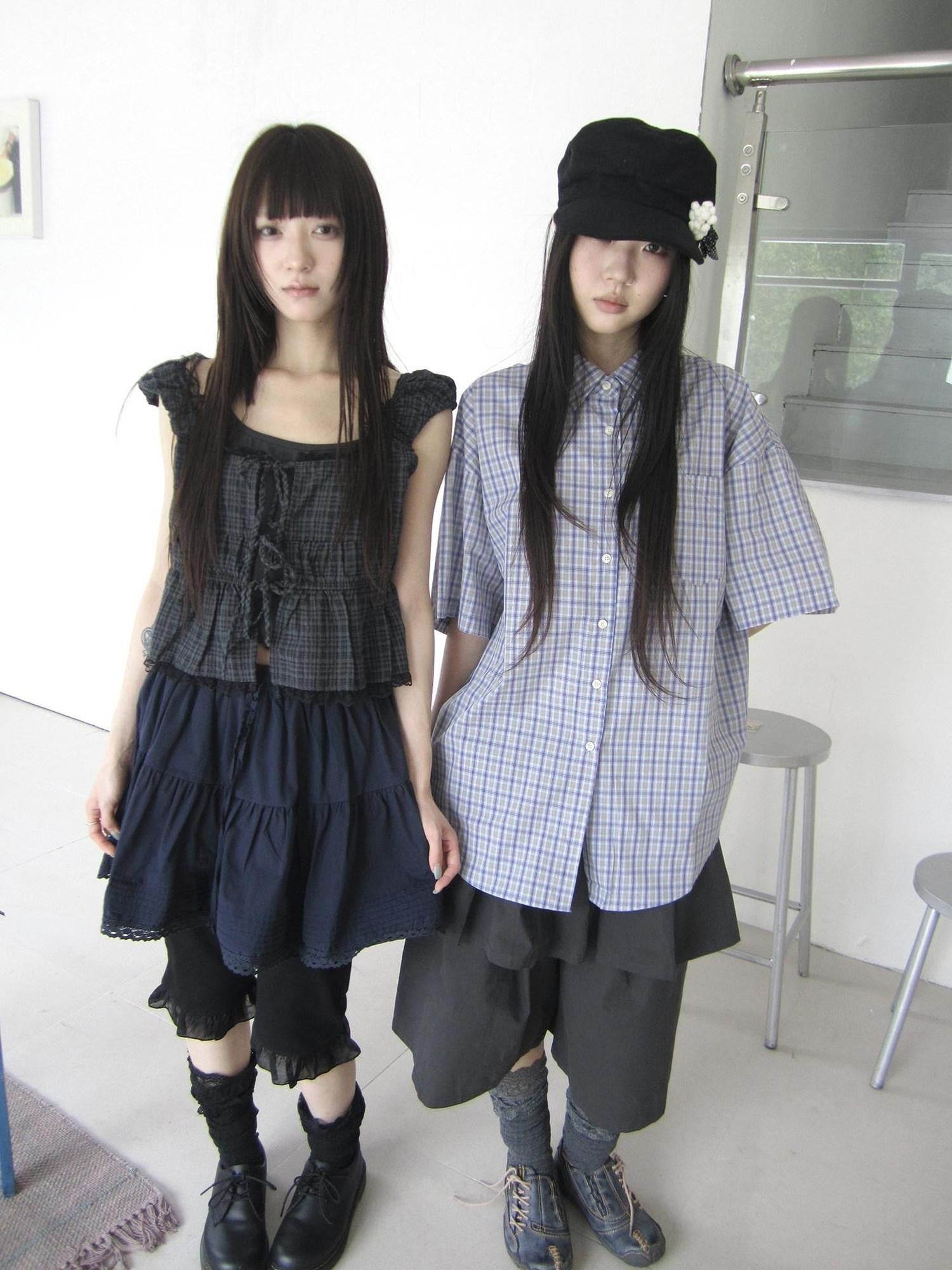 ang project Blue Brown Plaid Colorblock Loose Women&