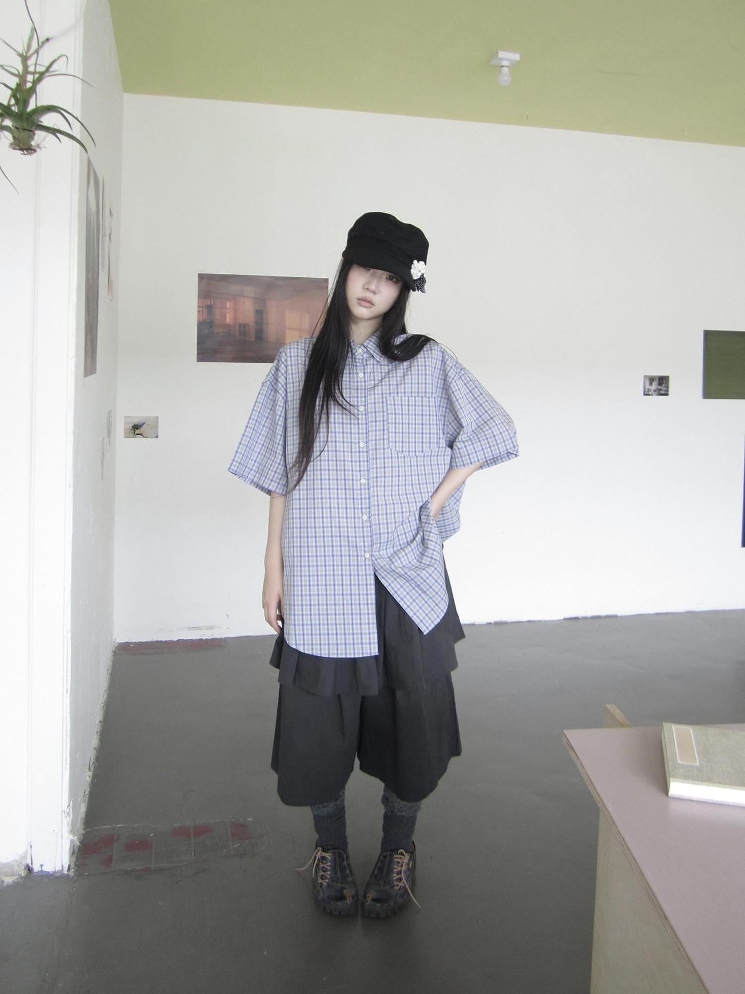 ang project Blue Brown Plaid Colorblock Loose Women&