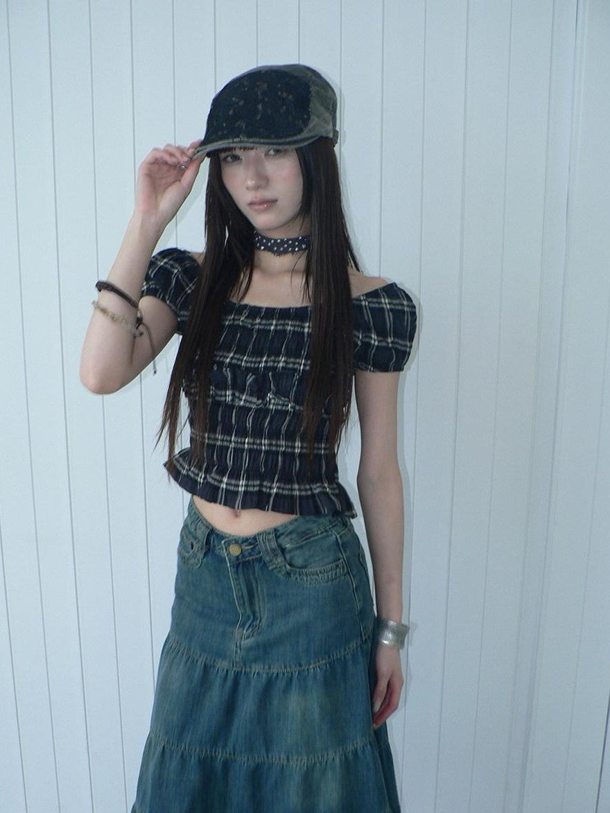 ang project Blue Plaid Off Shoulder Waist Cinched Puff Sleeve Printed Women&