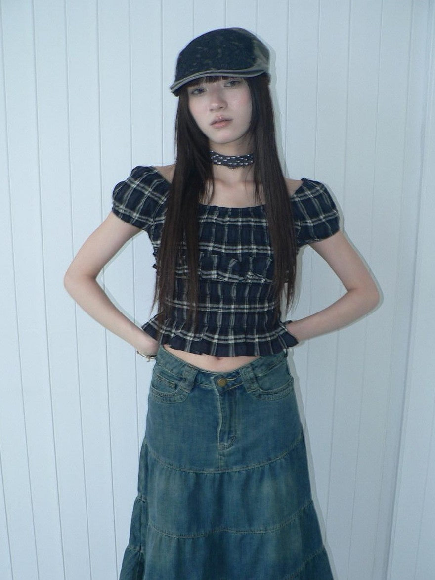 ang project Blue Plaid Off Shoulder Waist Cinched Puff Sleeve Printed Women&