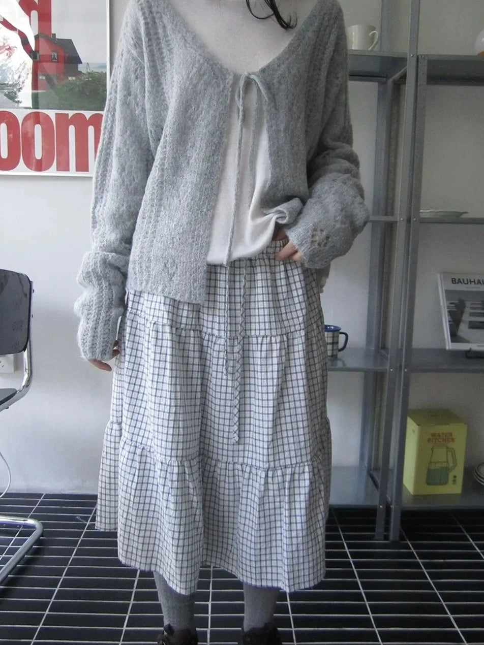 ang project Blue White Plaid Tie Waist A Line Skirt Skirt