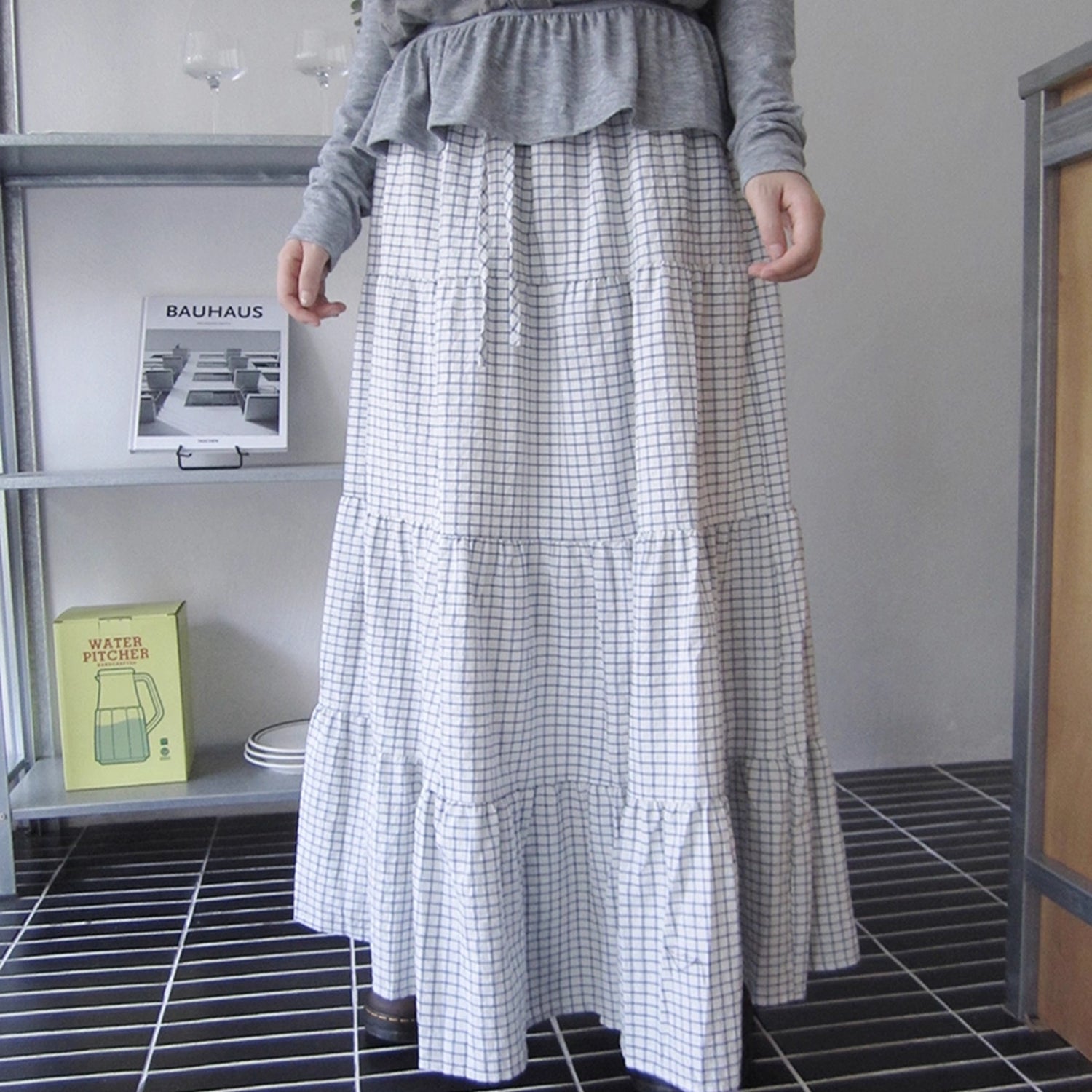 ang_project_Blue_White_Plaid_Tie_Waist_A_Line_Skirt_MISSTT