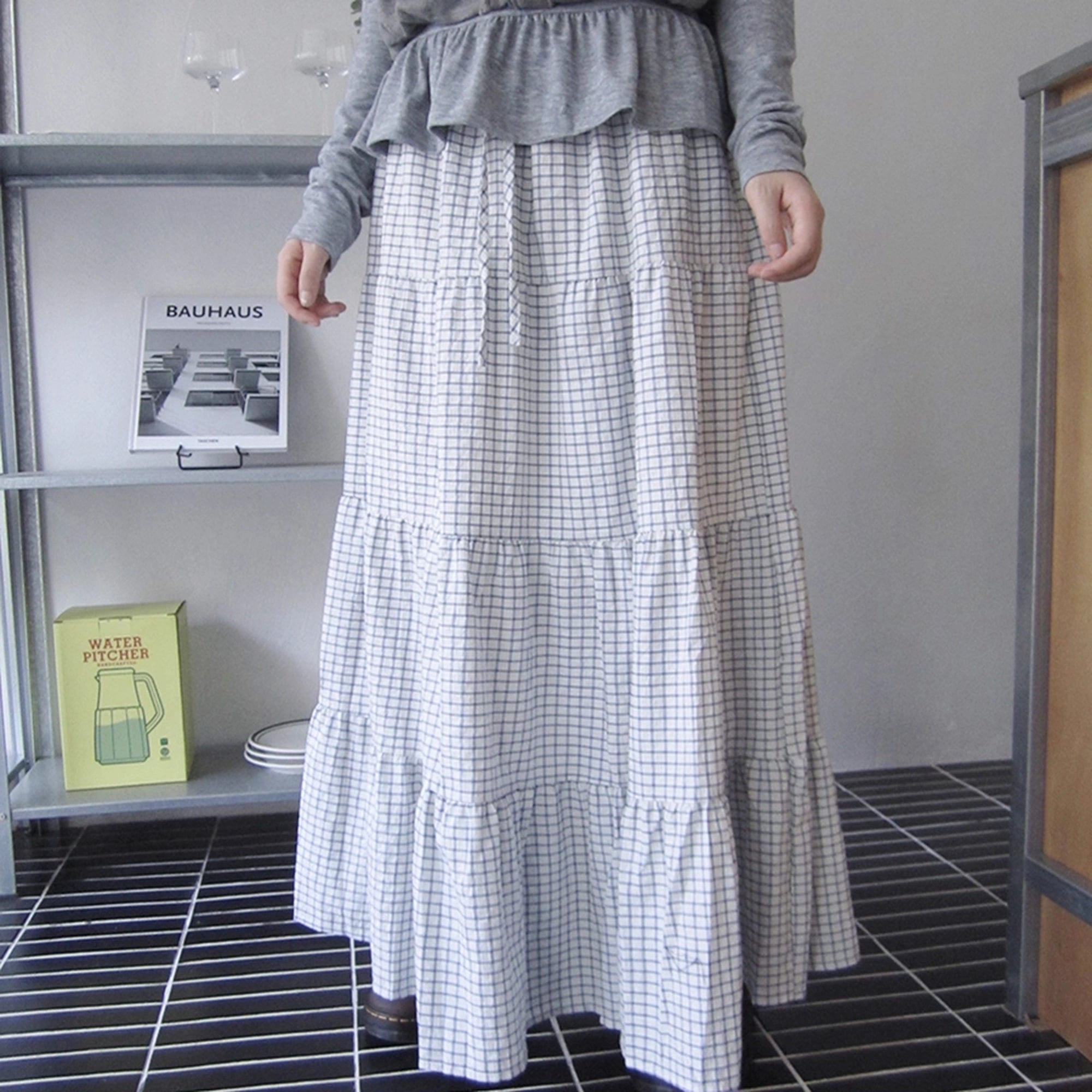 ang_project_Blue_White_Plaid_Tie_Waist_A_Line_Skirt_MISSTT