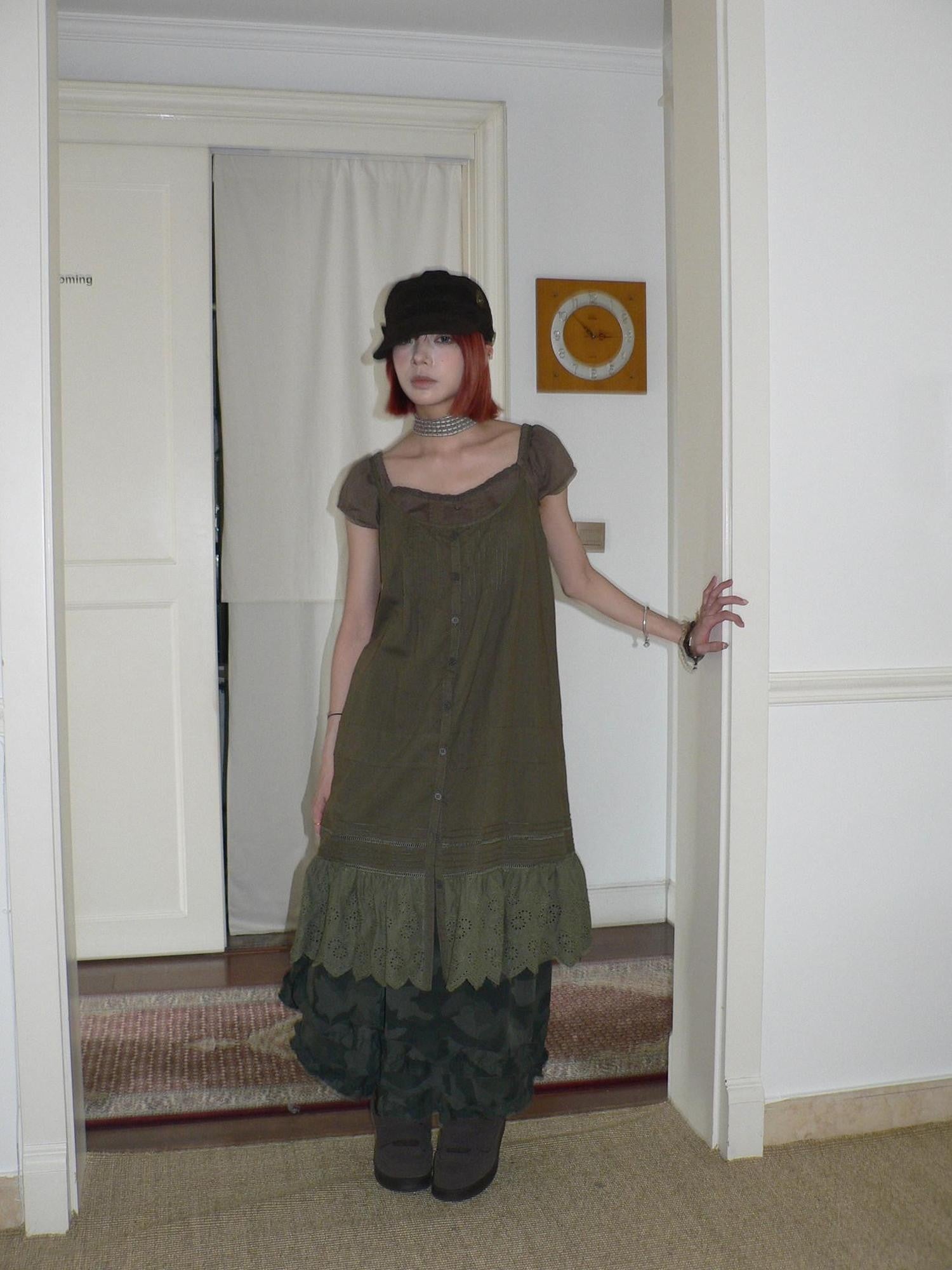 ang project Botanical Pleated Single Row Button Cutout Lace Layered Women&