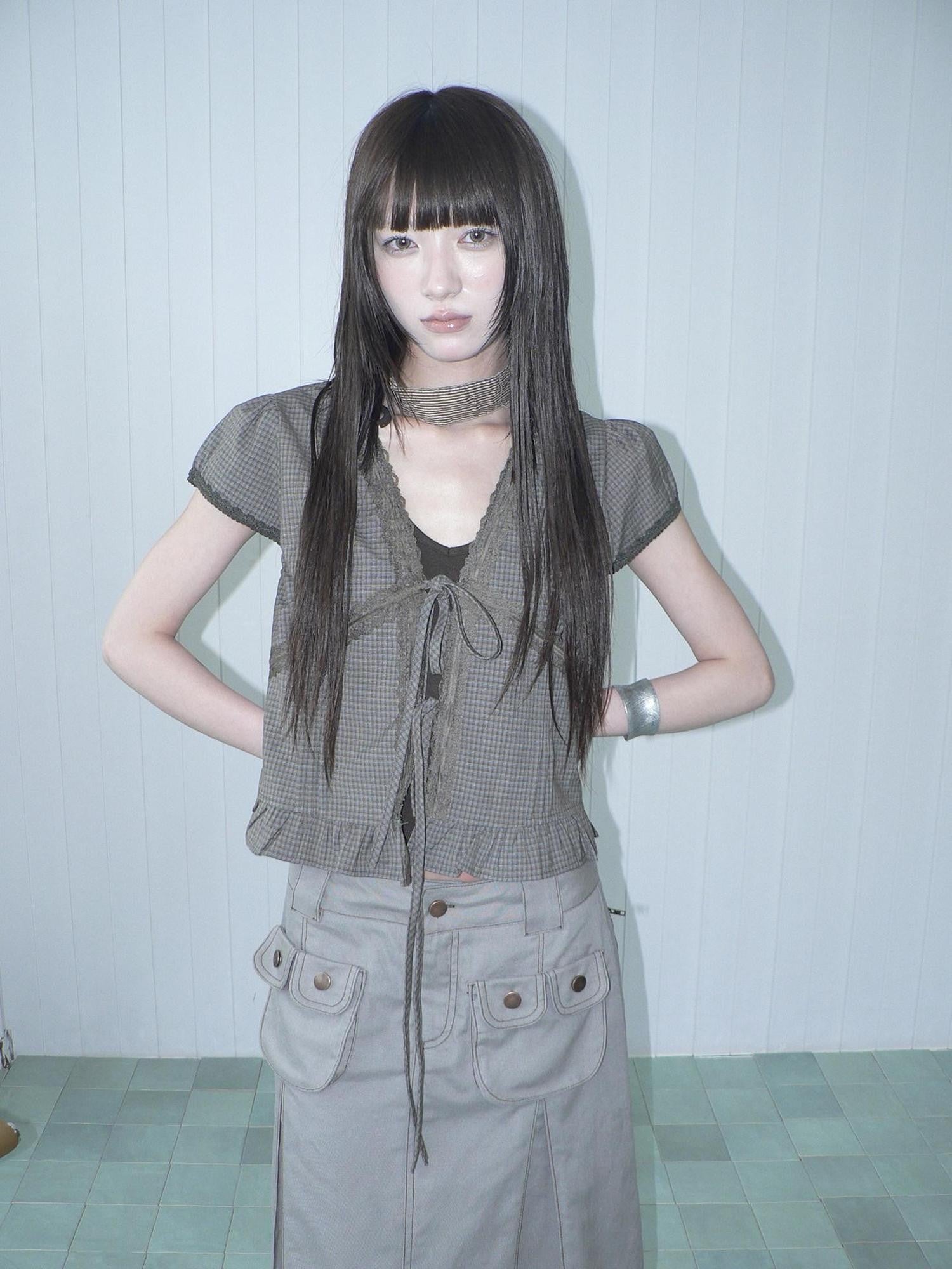 ang project Brown Plaid Contrast Lace Tie Layered Halter Cropped Women&