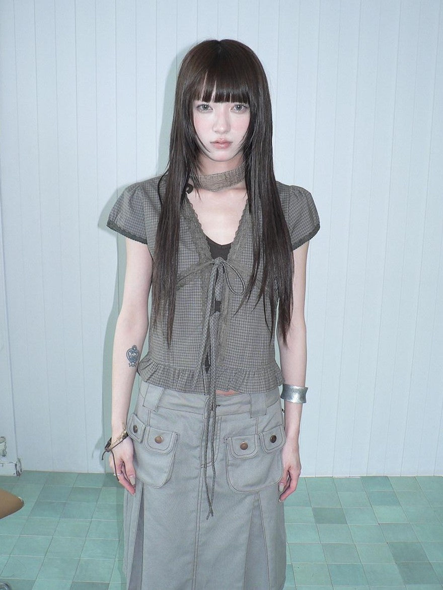 ang project Brown Plaid Contrast Lace Tie Layered Halter Cropped Women&