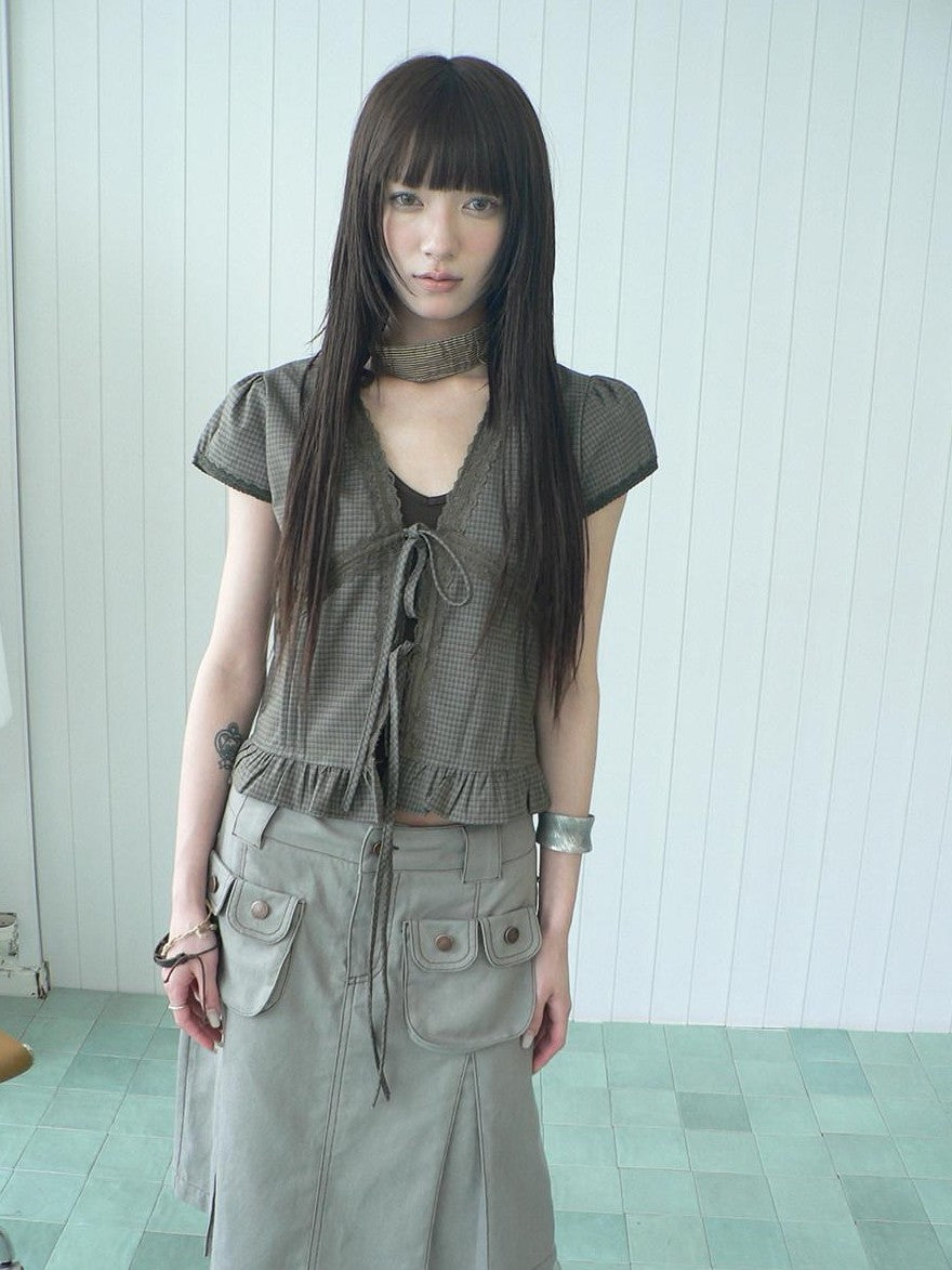 ang project Brown Plaid Contrast Lace Tie Layered Halter Cropped Women&