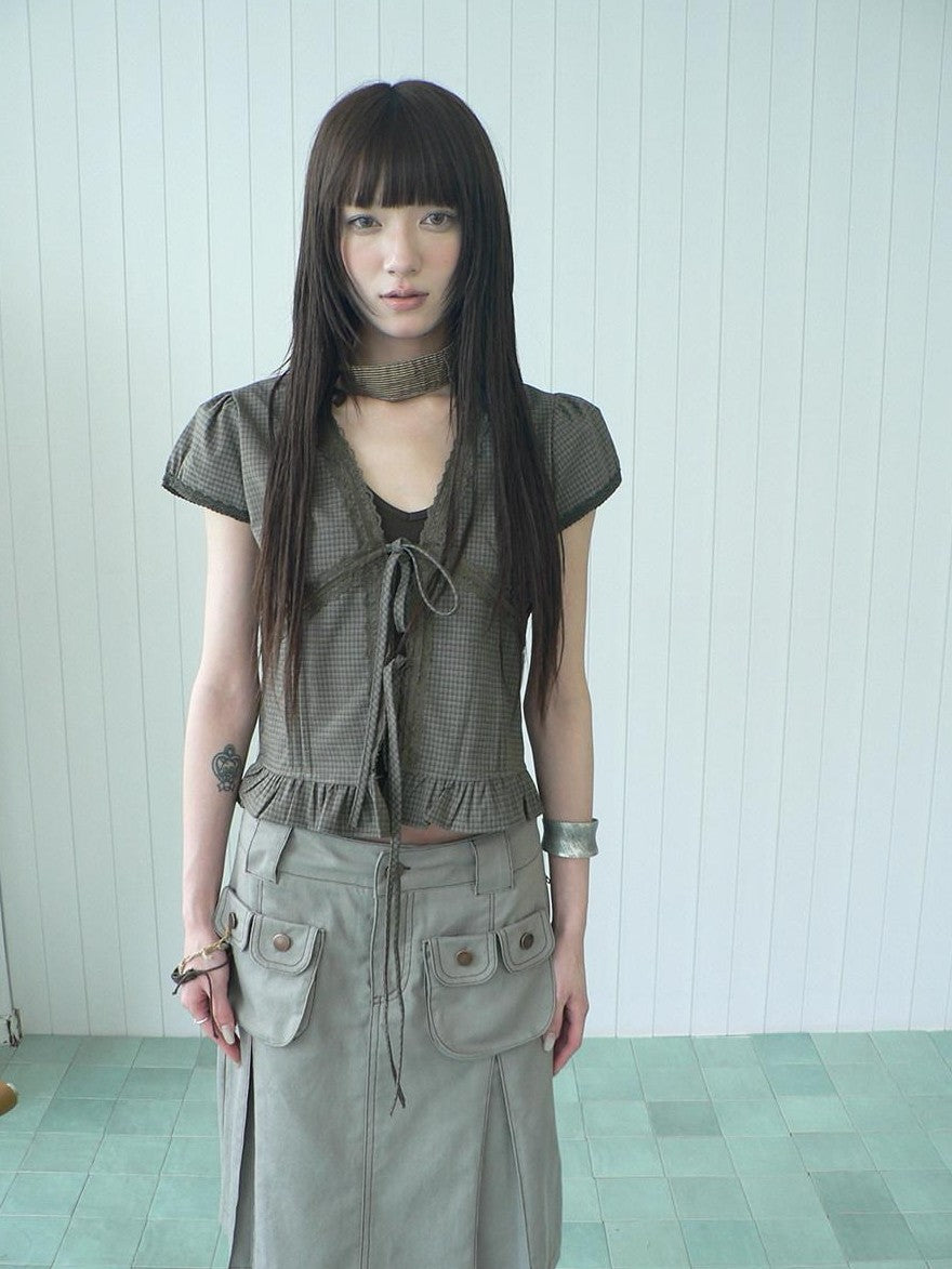 ang project Brown Plaid Contrast Lace Tie Layered Halter Cropped Women&