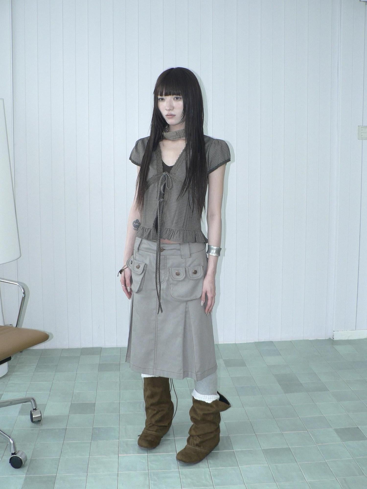 ang project Brown Plaid Contrast Lace Tie Layered Halter Cropped Women&