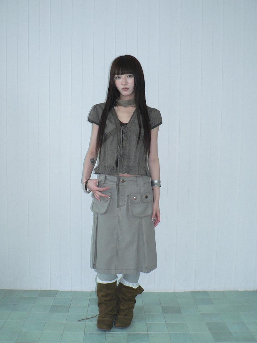 ang project Brown Plaid Contrast Lace Tie Layered Halter Cropped Women&