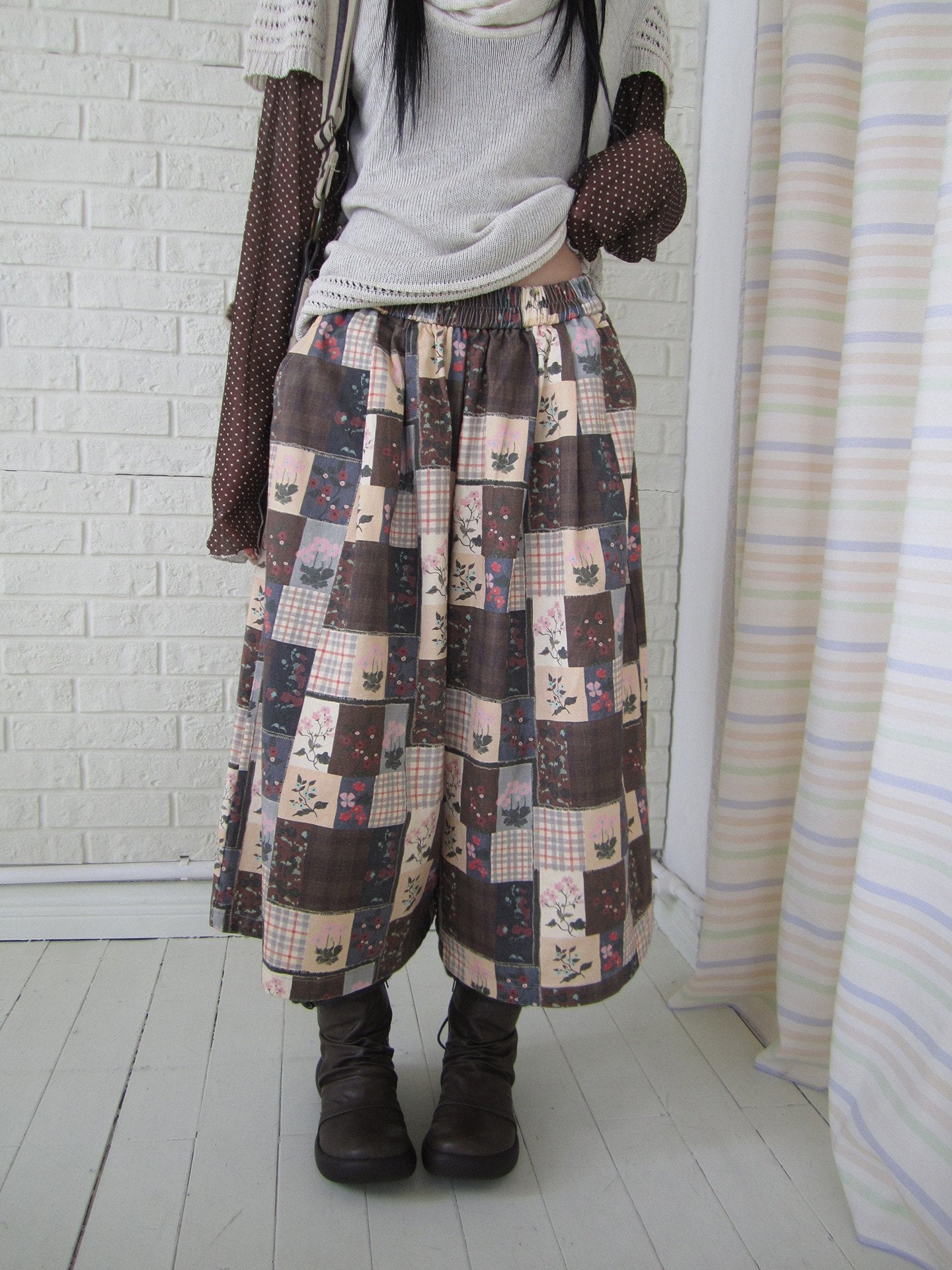 ang_project_Brown_Plaid_Floral_Patchwork_Elastic_Waist_Women&