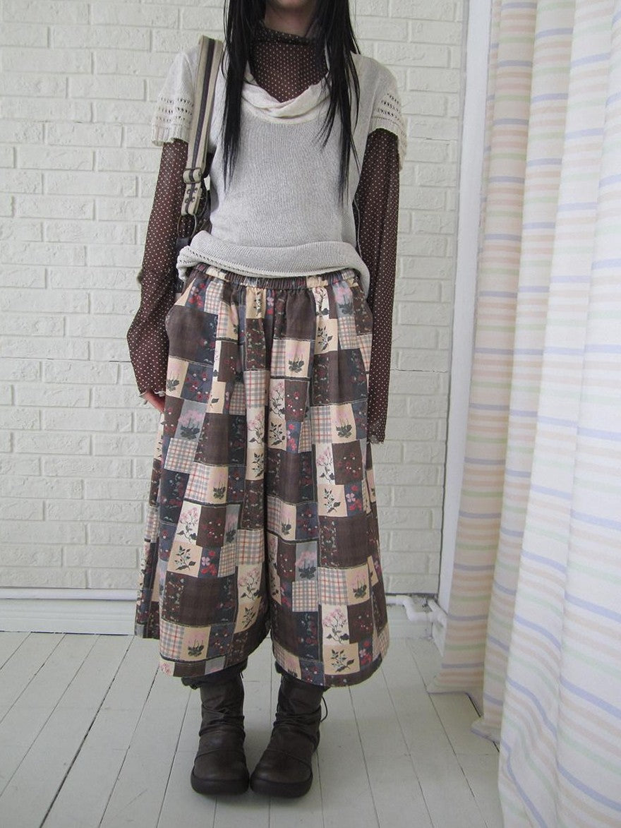 ang project Brown Plaid Floral Patchwork Elastic Waist Women&
