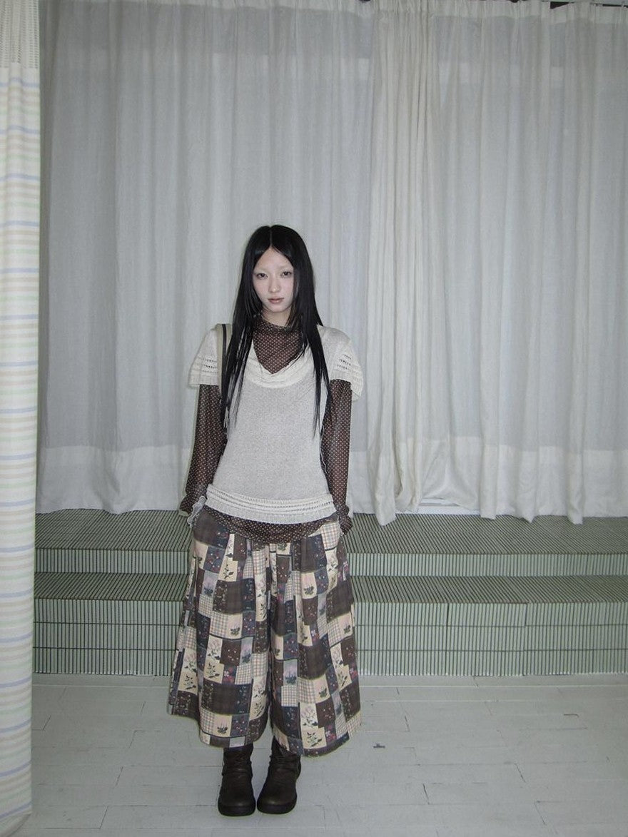 ang project Brown Plaid Floral Patchwork Elastic Waist Women&
