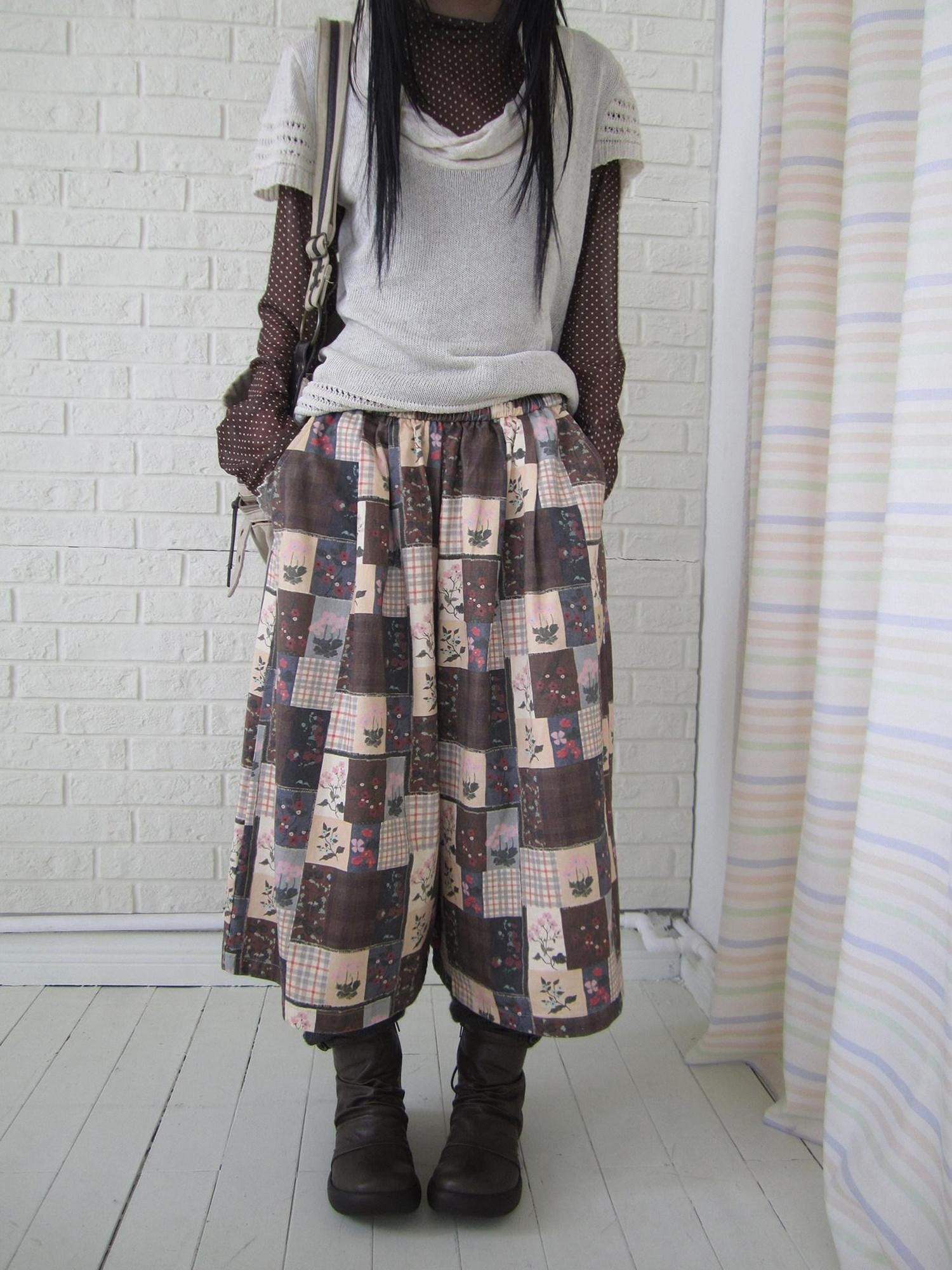ang project Brown Plaid Floral Patchwork Elastic Waist Women&