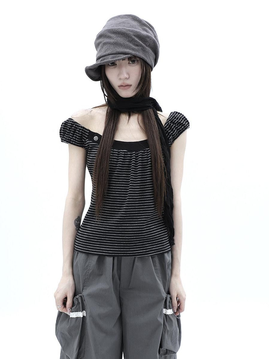 ang project Button Patchwork Striped Square Neck Women&