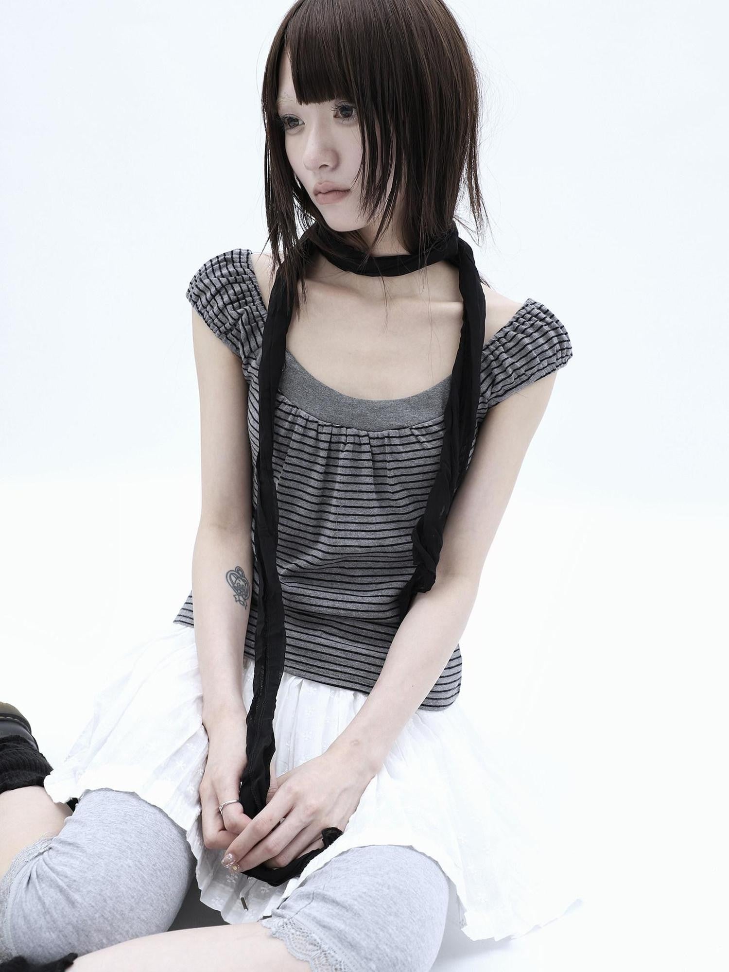 ang project Button Patchwork Striped Square Neck Women&