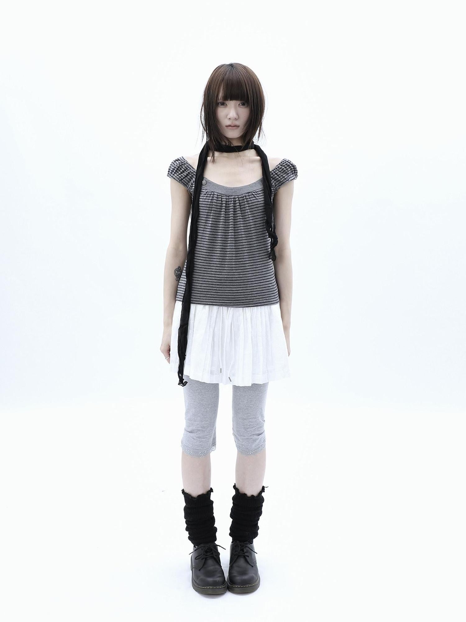 ang project Button Patchwork Striped Square Neck Women&