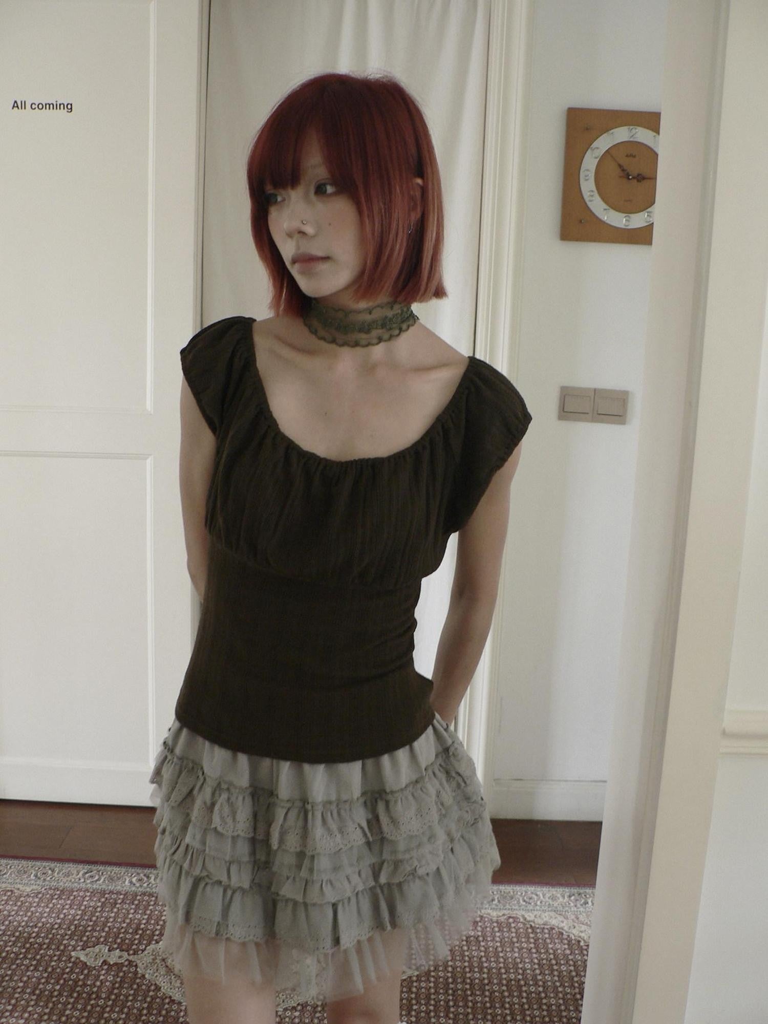 ang project Coffee Textured Convertible Off Shoulder Slim Fit Elastic Short Women&
