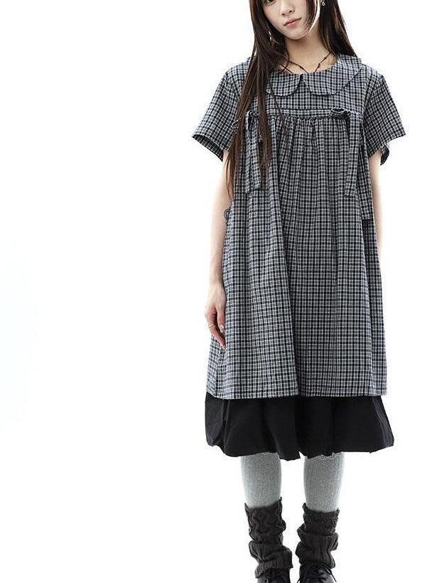 ang project Contrast Plaid Bow Doll Collar Shirt Women&