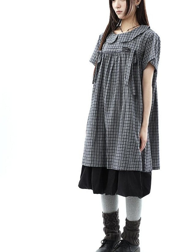ang project Contrast Plaid Bow Doll Collar Shirt Women&