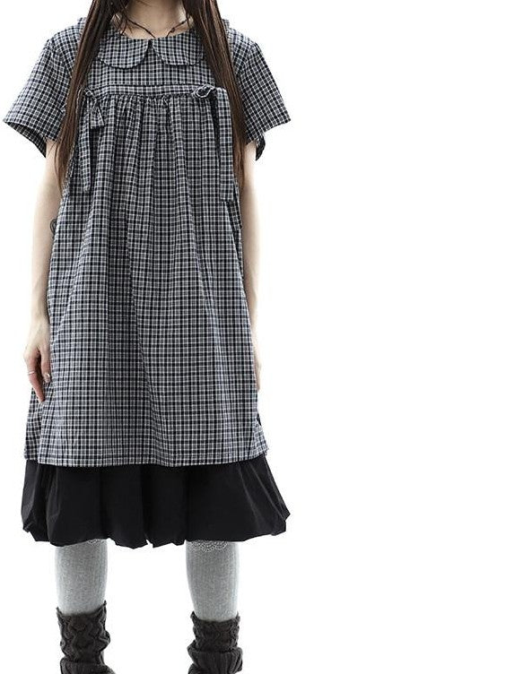 ang project Contrast Plaid Bow Doll Collar Shirt Women&