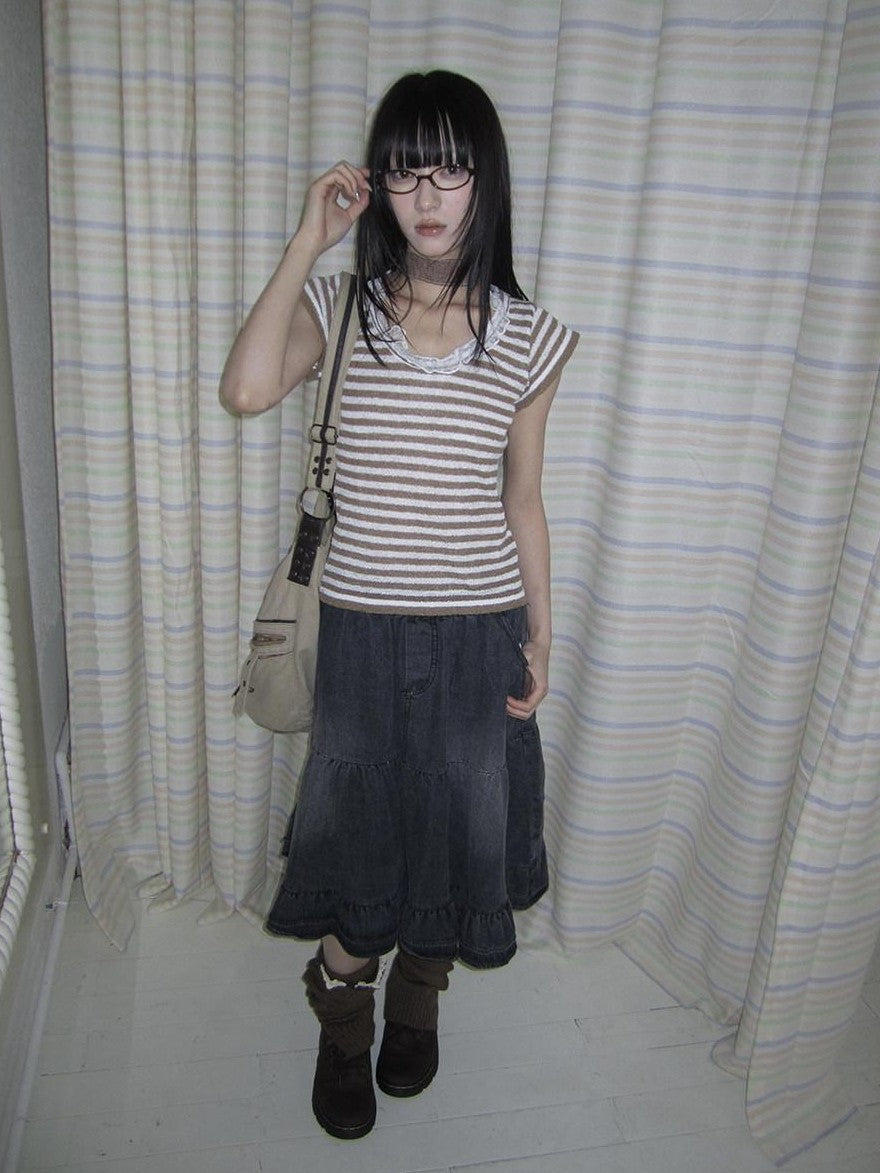 ang project Contrast Striped U Neck Flutter Sleeve Women&