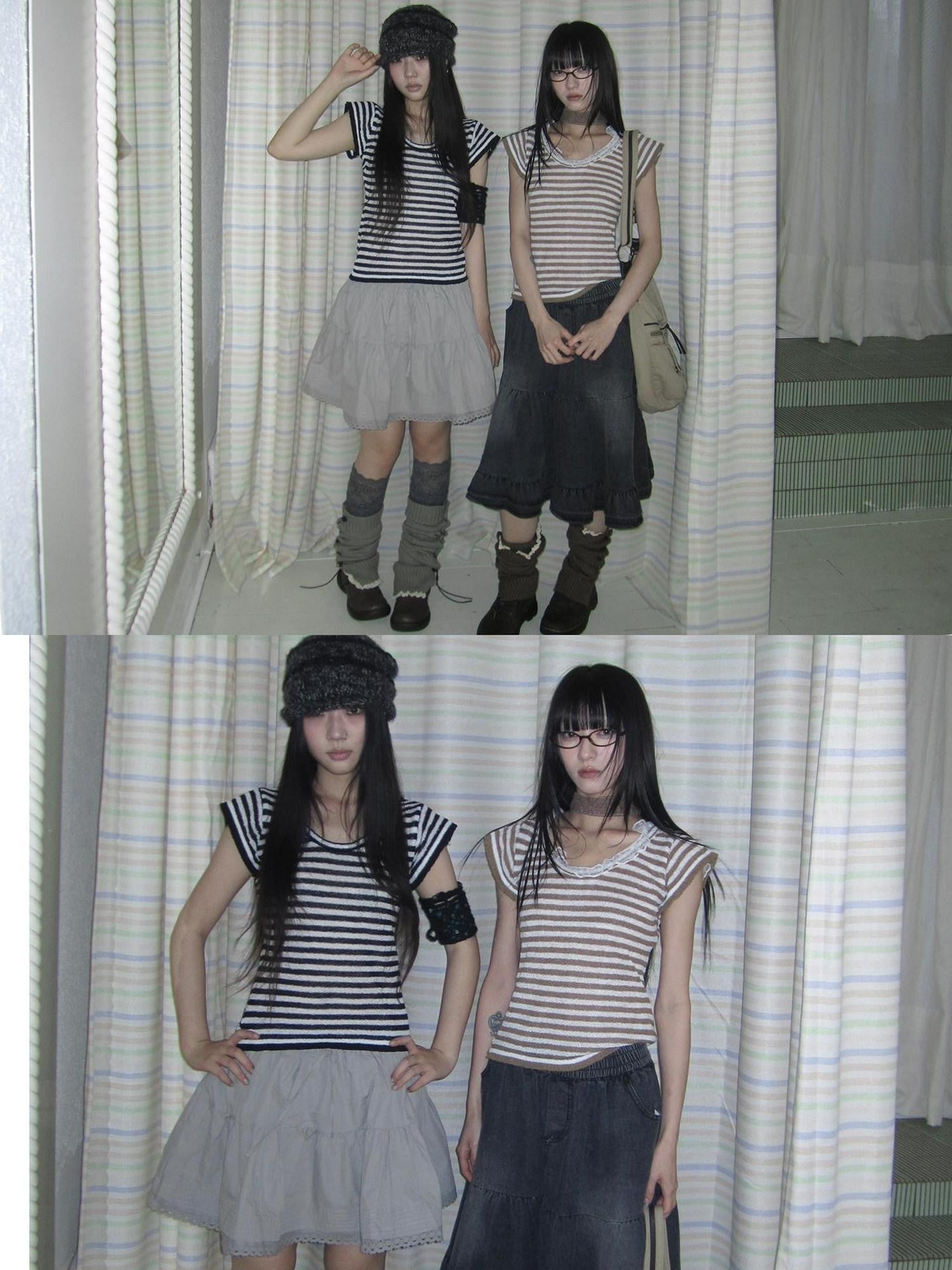 ang project Contrast Striped U Neck Flutter Sleeve Women&