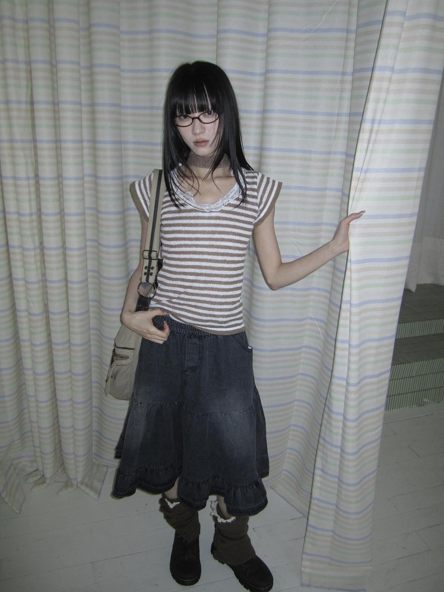 ang project Contrast Striped U Neck Flutter Sleeve Women&