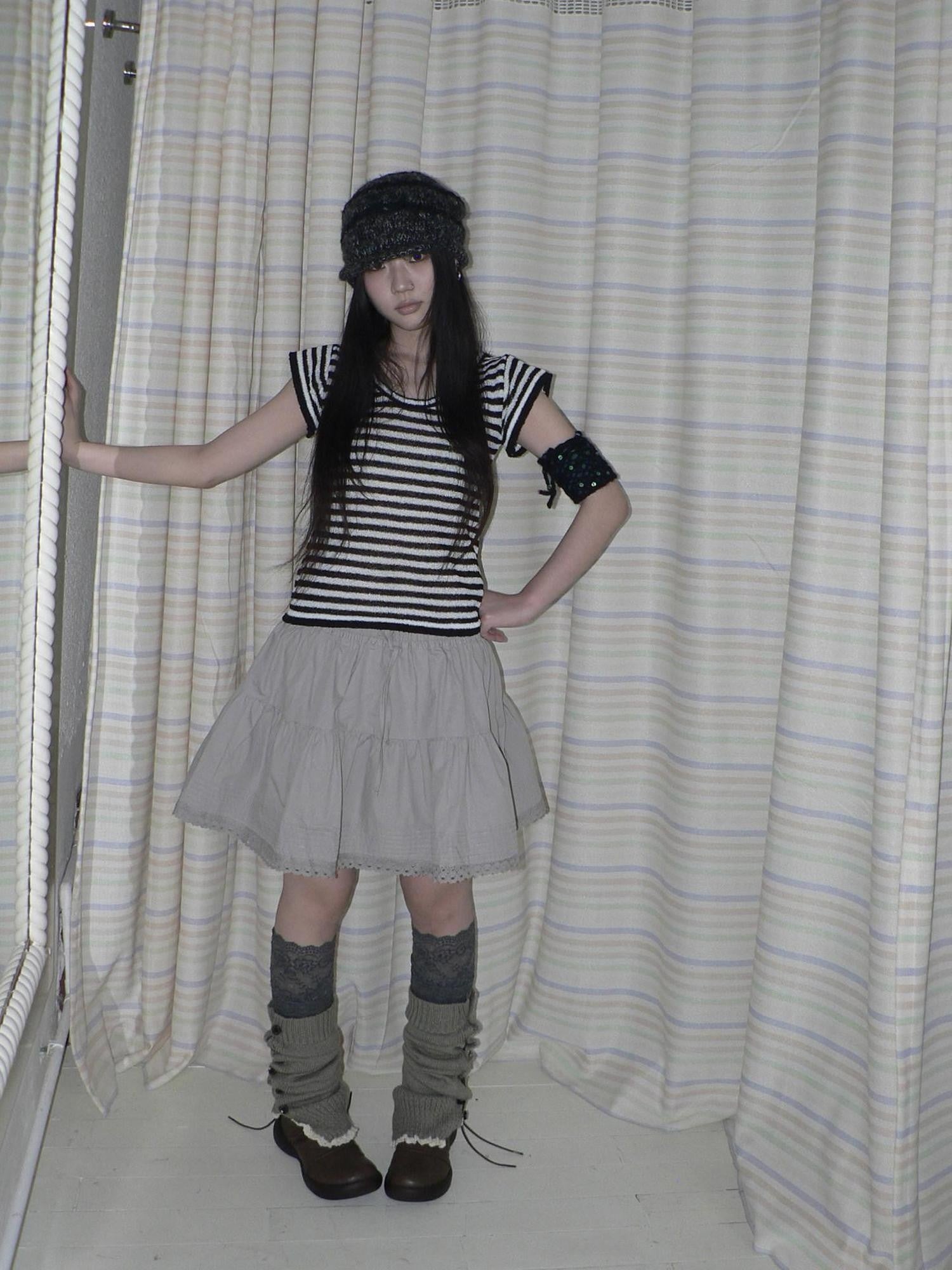 ang project Contrast Striped U Neck Flutter Sleeve Women&