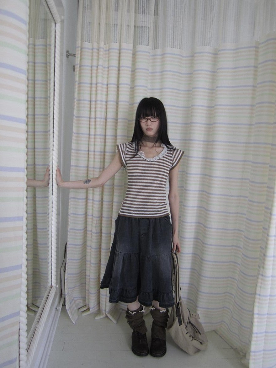 ang project Contrast Striped U Neck Flutter Sleeve Women&