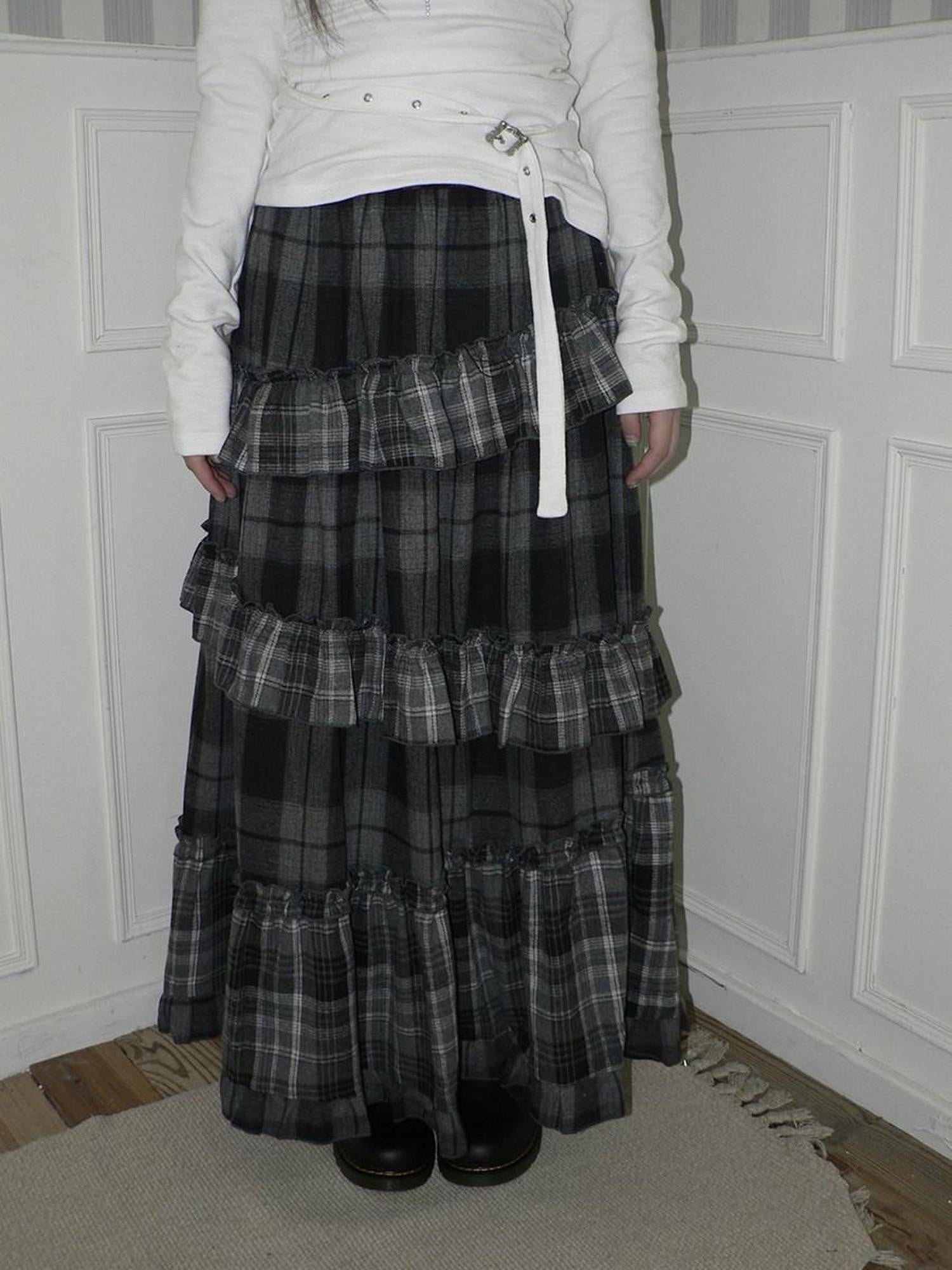 ang project Cotton Blend Elastic Waist Retro Colorblock Tiered Casual Women Maxi Skirt