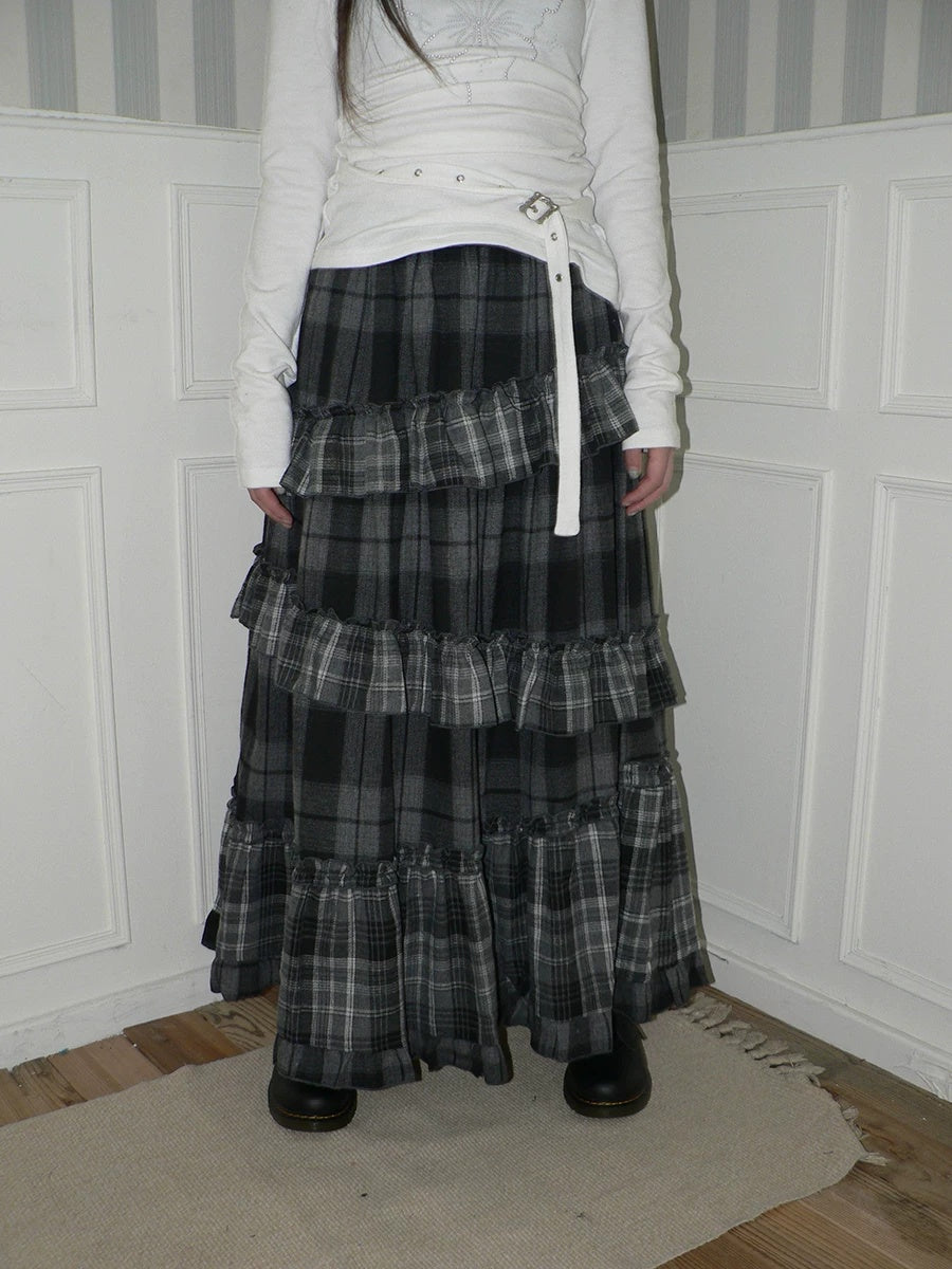 ang project Cotton Blend Elastic Waist Retro Colorblock Tiered Casual Women Maxi Skirt