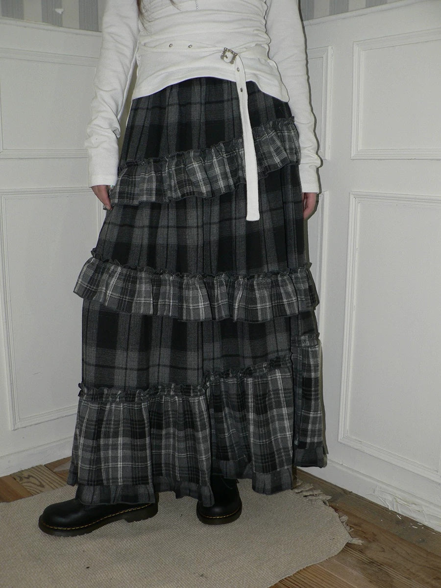ang project Cotton Blend Elastic Waist Retro Colorblock Tiered Casual Women Maxi Skirt