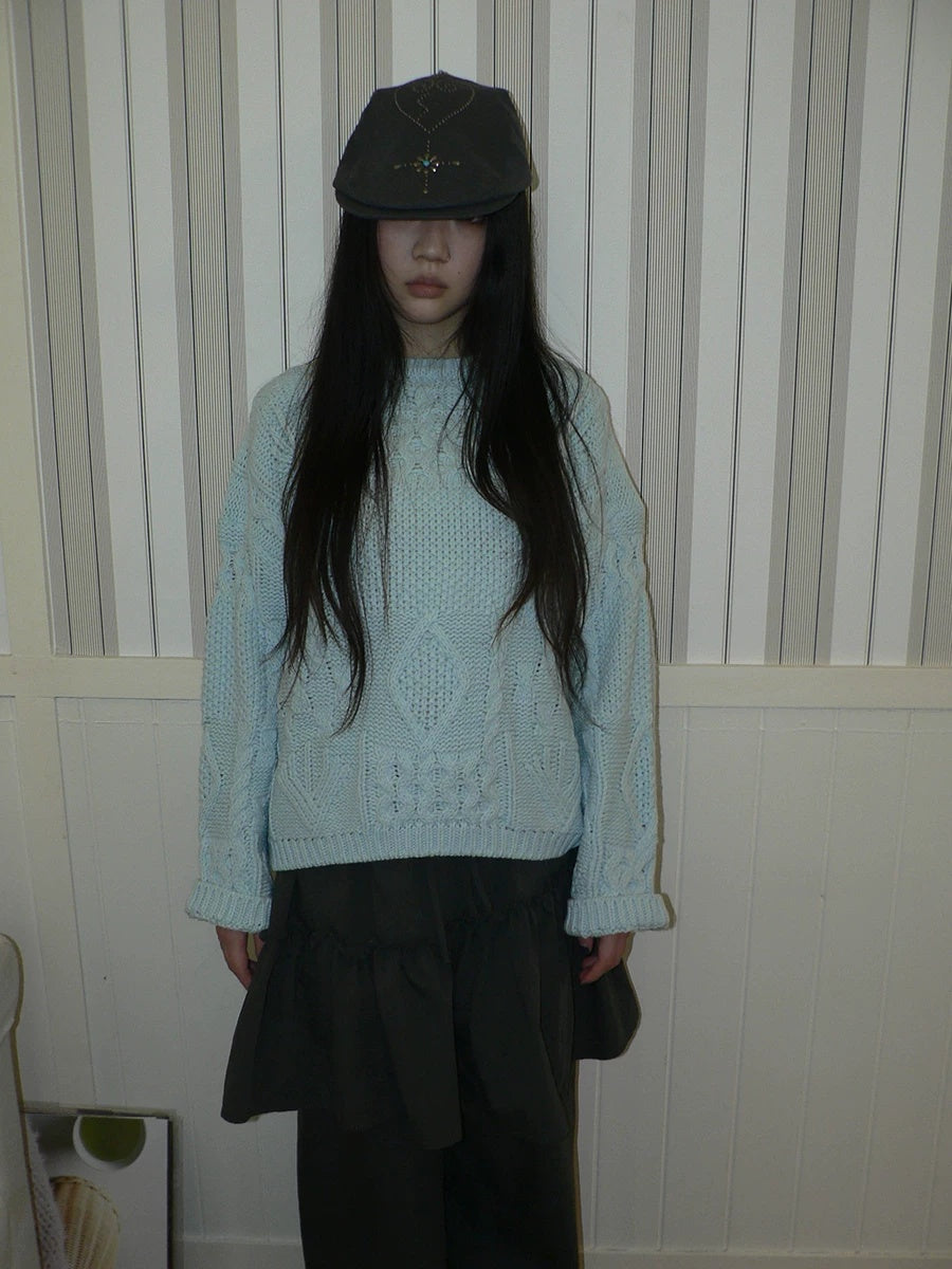 ang project Cozy Chunky Knit Retro Loose Fit Pullover Women Crewneck Cropped Sweater