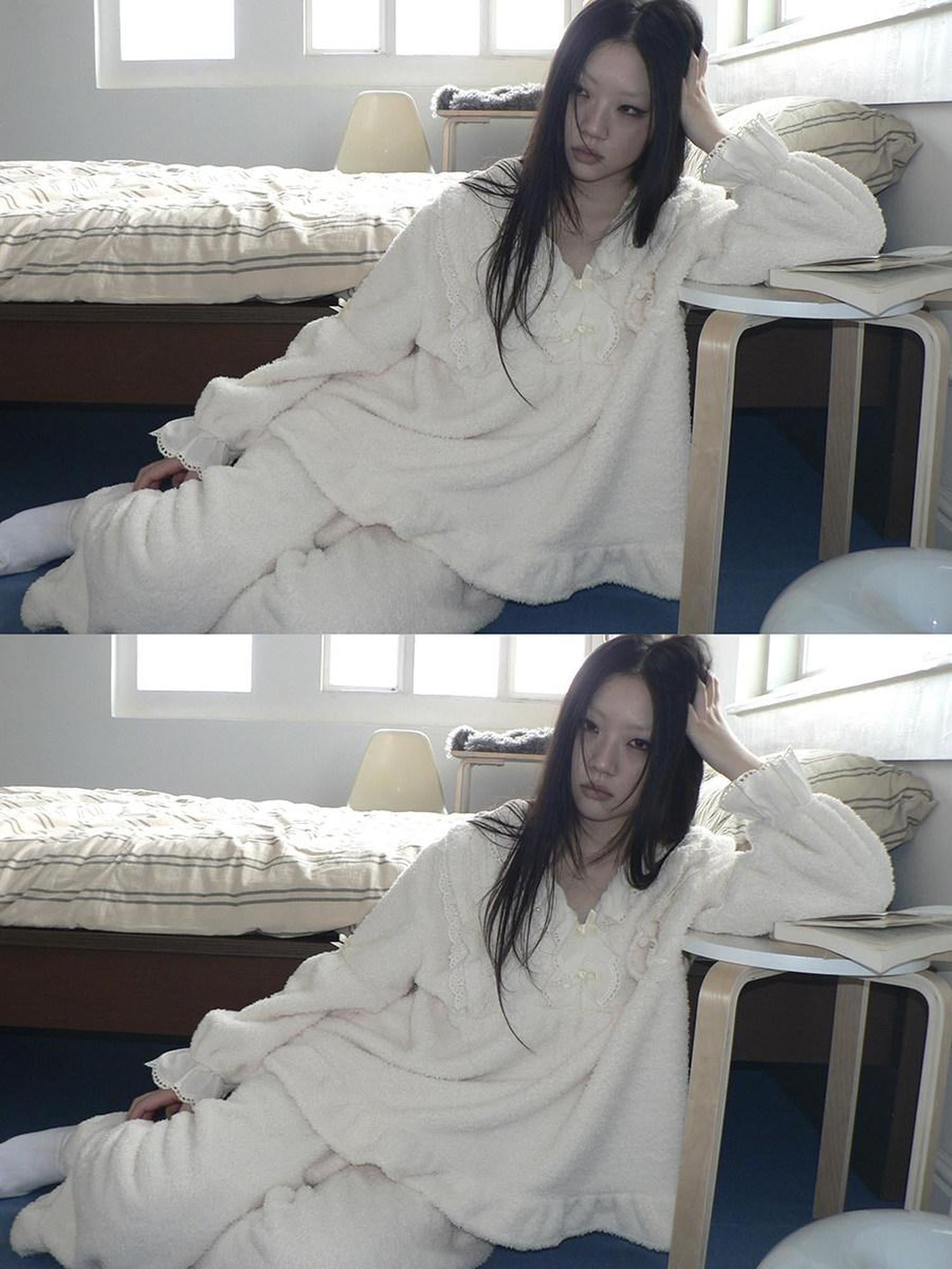 ang project Cozy Coral Fleece Loose Fit V Neck Long Sleeve Women Home Beige Two Piece Suit