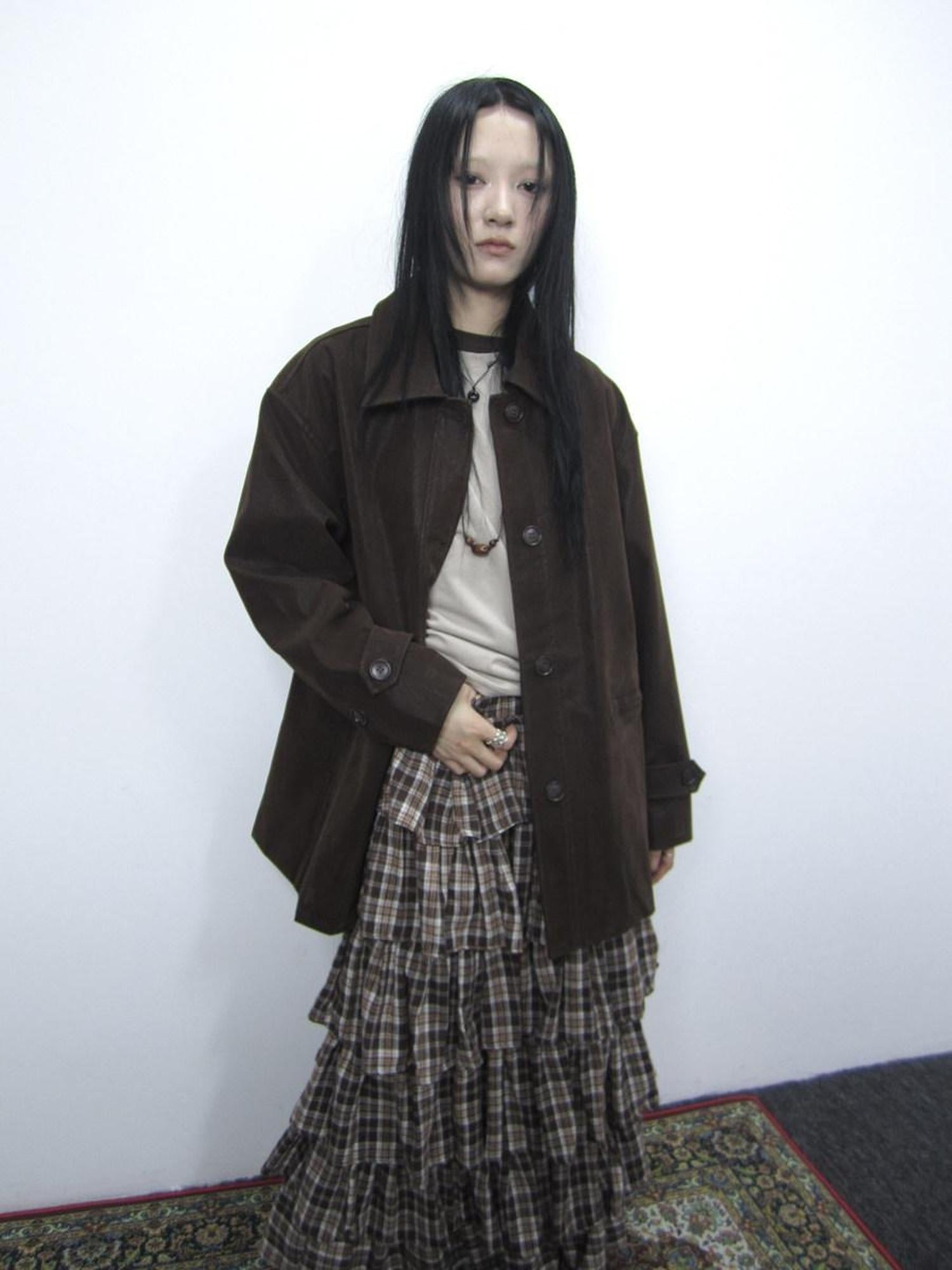 ang project Cozy Deep Brown Street Straight Fit Lapel Long Sleeve Single Row Button Jacket