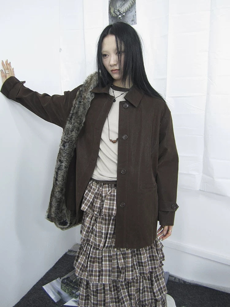 ang project Cozy Deep Brown Street Straight Fit Lapel Long Sleeve Single Row Button Jacket