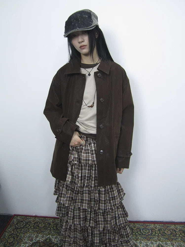 ang project Cozy Deep Brown Street Straight Fit Lapel Long Sleeve Single Row Button Jacket