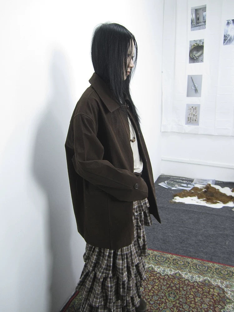 ang project Cozy Deep Brown Street Straight Fit Lapel Long Sleeve Single Row Button Jacket