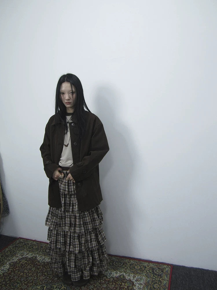 ang project Cozy Deep Brown Street Straight Fit Lapel Long Sleeve Single Row Button Jacket