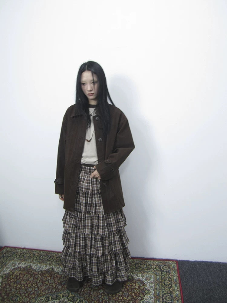 ang project Cozy Deep Brown Street Straight Fit Lapel Long Sleeve Single Row Button Jacket