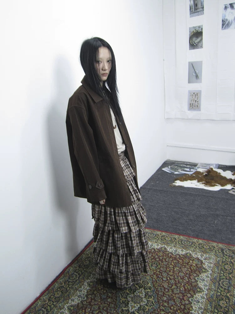 ang project Cozy Deep Brown Street Straight Fit Lapel Long Sleeve Single Row Button Jacket