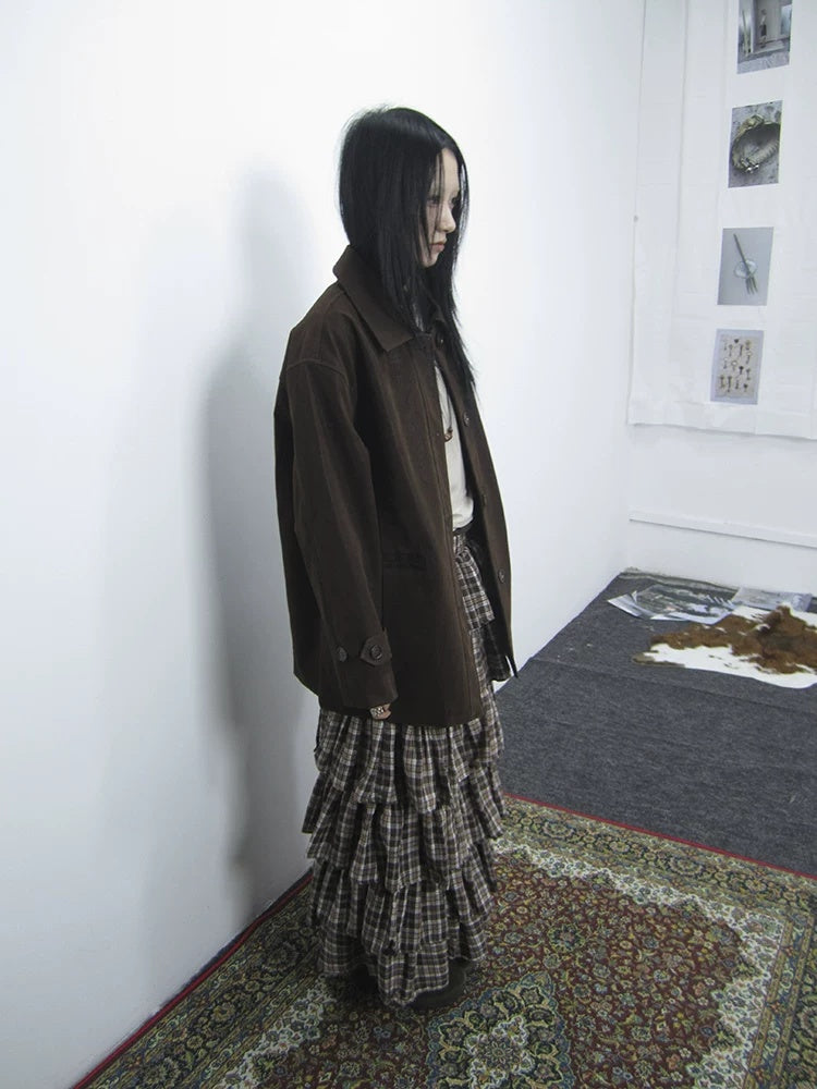 ang project Cozy Deep Brown Street Straight Fit Lapel Long Sleeve Single Row Button Jacket