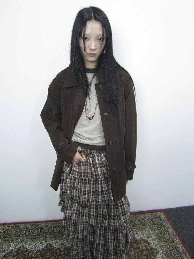 ang project Cozy Deep Brown Street Straight Fit Lapel Long Sleeve Single Row Button Jacket