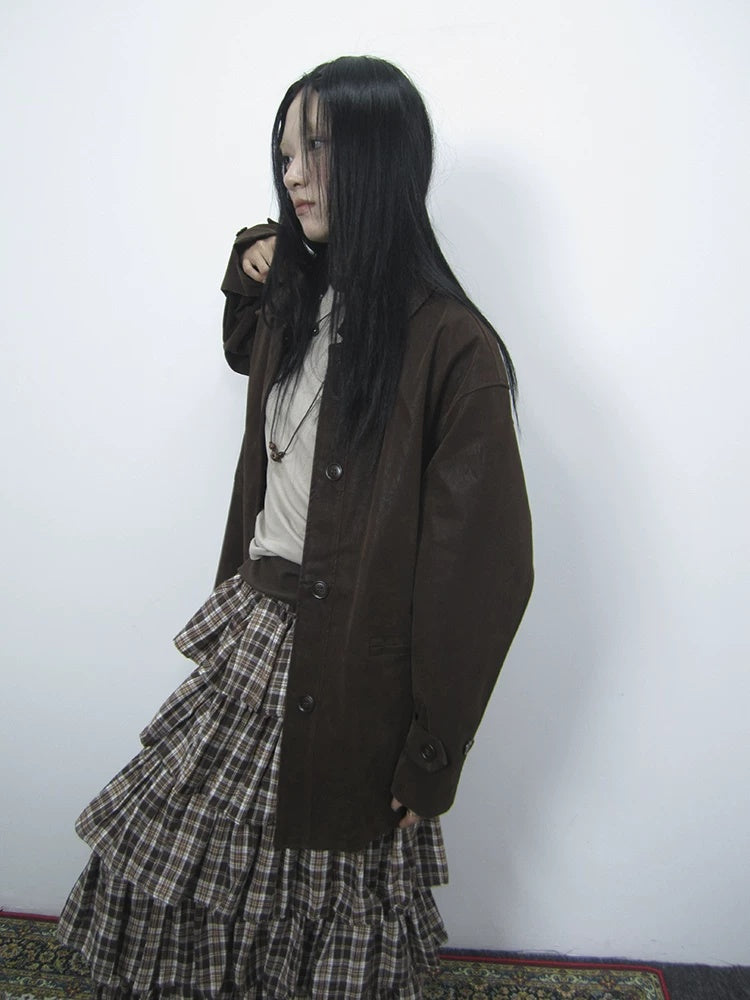 ang project Cozy Deep Brown Street Straight Fit Lapel Long Sleeve Single Row Button Jacket