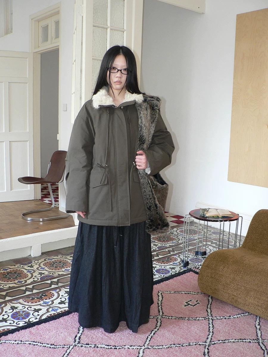 ang project Cozy Fleece Lined Korean Loose Mid Length Zipper Women Cotton Blend Coat