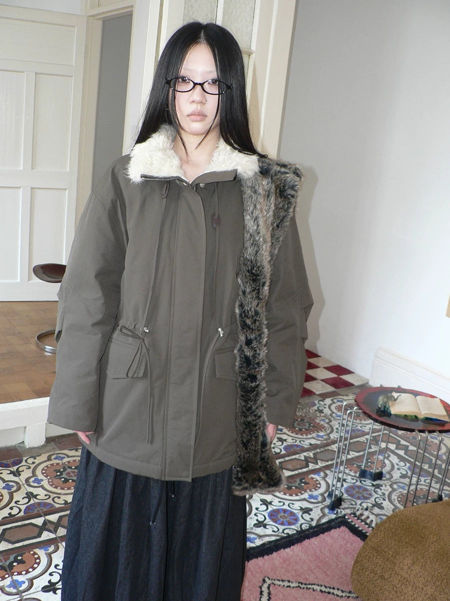 ang project Cozy Fleece Lined Korean Loose Mid Length Zipper Women Cotton Blend Coat