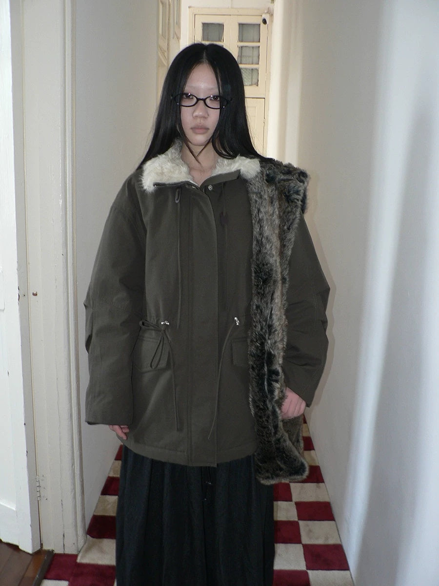 ang project Cozy Fleece Lined Korean Loose Mid Length Zipper Women Cotton Blend Coat